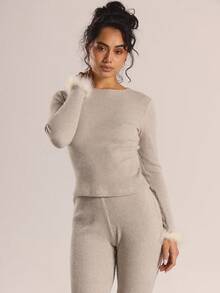 MUSERA ملابس علوية بأكمام طويلة وياقة مستديرة مع أساور من الفرو، مجموعة منسقة للخريف والشتاء، مناسب للاستخدام اليومي والخروج في المساء، أنيق وجذاب وناعم