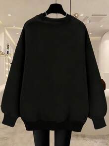 EMERY ROSE Women's Fashionable Cat Print Dropped Shoulder Crew Neck Sweatshirt - Black - View 2