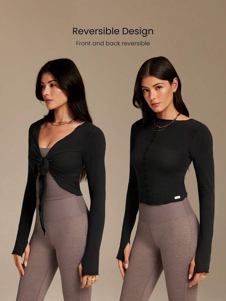 FeatherFit™ Glide Lite Soft Stretchy Sweat-Wicking Rerversible Front Tie-Waist Thumbholes Waist-Length Long Sleeve Wrap Top  Yoga Pilates Studio Daily Casual Wear Spring Summer