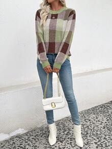 EMERY ROSE Women's Casual Everyday Office Commute School Ringer Loose Fit Striped Pattern Pullover Sweater, Autumn/Winter, Christmas - Green - View 5