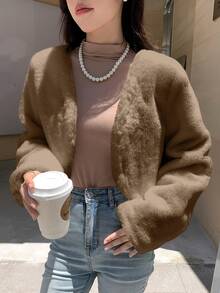 DAZY معطف نسائي أحادي اللون بأكمام طويلة بتصميم بسيط وكاجوال - بني - مشاهدة 3