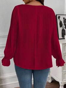 EMERY ROSE Plus Size Plain Simple Daily Wear Square Collar Long Sleeve Shirt Fall - Burgundy - View 2