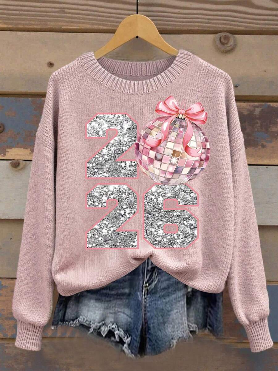 EMERY ROSE Disco Ball 2026 Pattern Sweater, Women's Comfortable Colorful Crew Neck Long Sleeve Top, Happy New Year Pullover, New Year Gift - Pink - View 1