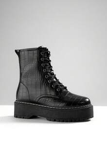 SHUZIA #IconicBritishStyle Women's Platform Lace Up Premium Distressed Black Combat Ankle Boots – Lug Sole For Grip & Durability, Side Zip For Easy On/Off. Bold, Comfortable & Built For Everyday Adventures In Style. For Christmas - Black - View 4