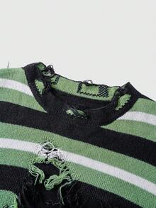 ROMWE MEN Street Life Suéter de hombre con rayas de color contrastante, decoración con flecos y efecto desgastado para otoño/invierno - Verde - Ver 3