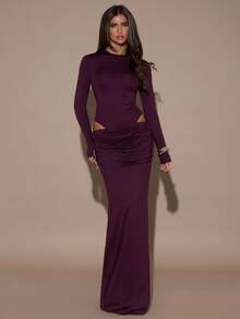 SHEIN BAE 女士纯色圆领褶皱镂空长袖连衣裙 - 紫色 - 查看 6