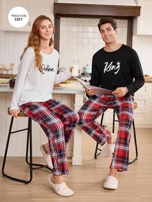 CoupledUp 男士休闲撞色格纹皇冠印花圆领舒适情侣睡衣套装，秋冬服装 - 彩色 - 查看 5