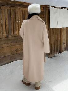 Muchica Abrigo largo de lana de doble botonadura con diseño de bufanda de cuello chal, otoño/invierno - Caqui - Ver 2