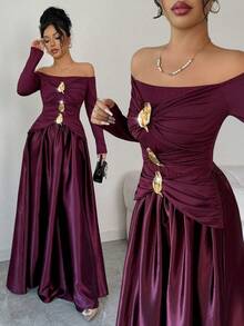 Elenzga Đầm xòe tay dài hở vai đính kim loại thanh lịch dành cho nữ - Màu Đỏ Sâu - Xem 1