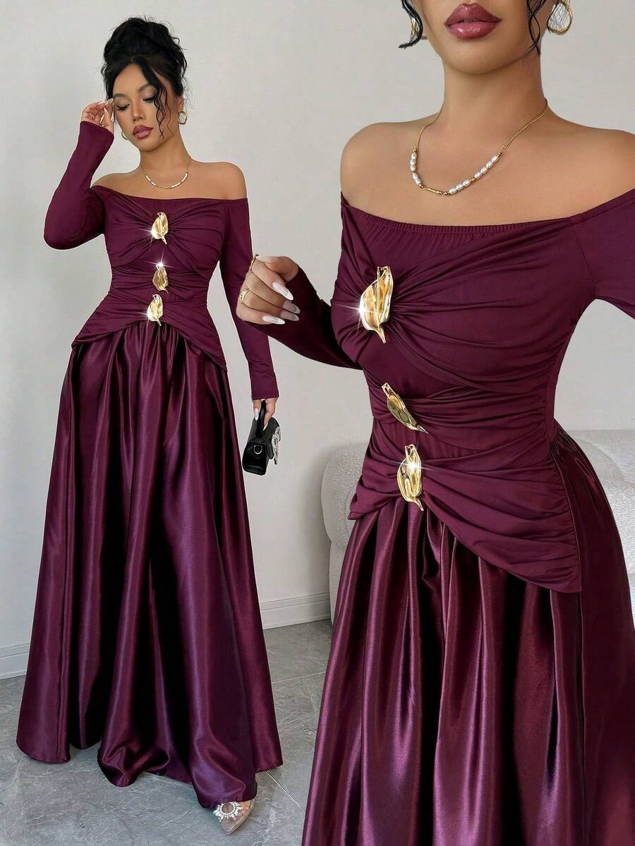 Elenzga Đầm xòe tay dài hở vai đính kim loại thanh lịch dành cho nữ - Màu Đỏ Sâu - Xem 1