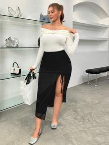 Muchica 大码时尚性感纯色高开衩不对称下摆半身裙 - 黑色 - 查看 3