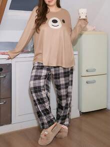 Slumberry CURVE Plus Size Women Cute Animal Expression & Plaid Print Long Sleeve Pajama Set, Winter Clothes - Multicolor - View 3