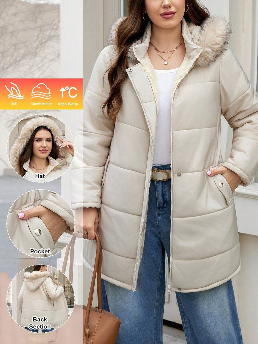SHEIN LUNE 白色冬季休閒登山大尺碼女款絎縫拉鍊長版連帽填充外套，保暖百搭長袖口袋外套，老錢風辦公室風格