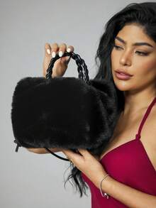 CUCCOO SZL New 2025 Women's Fashion Shoulder Bag, Small Niche Design Crossbody Bag, Casual & Versatile Minimalist Stylish Handbag With Soft Fuzzy Material, Solid Color Design, Snap Closure, Comfortable Long Strap, Roomy Space, Bucket/Cloud-Shaped Design For Autumn/Winter - Black - View 2