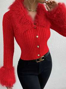 SHEIN Foxxy Fashionable Fuzzy Patchwork Slim Fit Cardigan, Autumn/Winter - Red - View 3