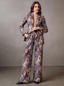 Anewsta 女士时尚修身复古优雅随机提花度假裤 - 紫色 - 查看 3