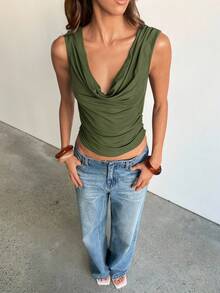 Aloruh Áo tank top không tay hở lưng dành cho nữ, thiết kế đính cườm, màu xanh ô liu trơn, phong cách bohemian, gợi cảm và thanh lịch, đa năng. - Màu xanh lá cây đậm - Xem 5