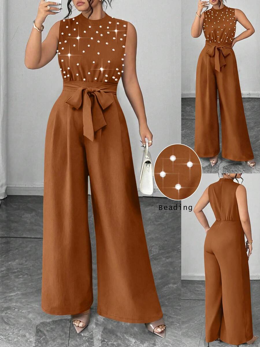 Elenzga Atasan Tanpa Lengan Berhiaskan Manik-Manik Elegan Ukuran Plus dengan Leher Bulat dan Jumpsuit Celana Lurus - Coklat - View 1