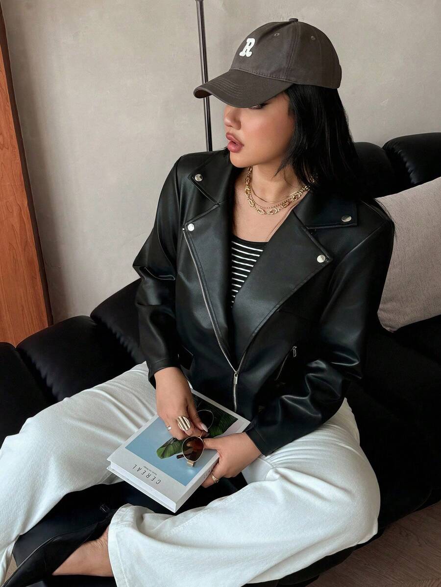 SHEIN Clasi Plus Size Women Casual Fashion Faux Leather Jacket