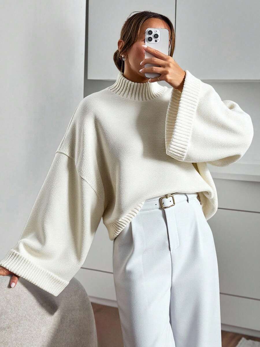 EURMUSE Chic Black Batwing Sleeve Knit Sweater With Relaxed Oversized Fit And Effortless Minimalist Elegance - White - View 1