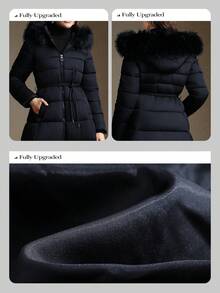 Anewsta 女士冬季新款羽绒服，优雅简约长款过膝连帽可拆卸毛领腰带A字下摆时尚羽绒服 - 藏蓝色 - 查看 8