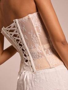 SHEIN PETITE 女士纯色蕾丝拼接鱼骨紧身抹胸上衣