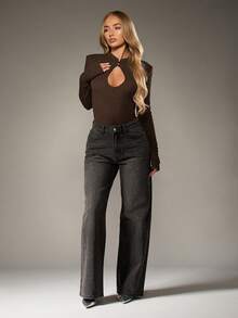 MISSGUIDED Shoulder Pad Keyhole Front Long Sleeve Ribbed Bodysuit Fall Winter Layering Piece - Brown - View 3