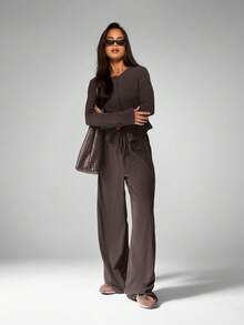 MISSGUIDED Soft Touch Two Piece Coordinated Set Long Sleeve Button Up Cardigan Wide Leg Pants Lounge Outfit - Coffee Brown - View 4