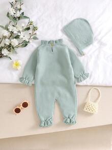 SHEIN Vintaside Kids 两件套婴儿米色套装：蕾丝领刺绣毛衣连体衣+帽子，优雅甜美设计 - 薄荷綠 - 查看 2
