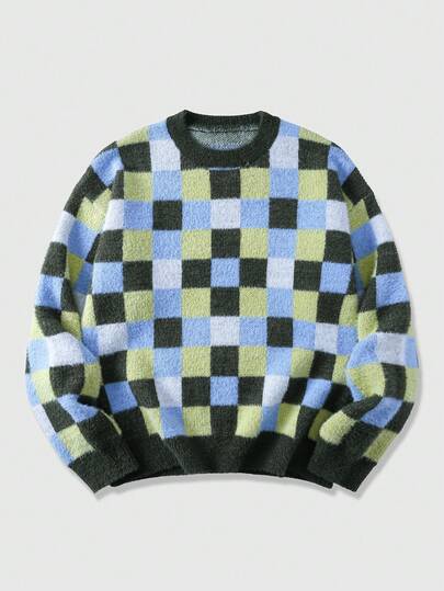 Suéter de cuello redondo casual con bloques de color y cuadros para hombre, otoño/invierno
