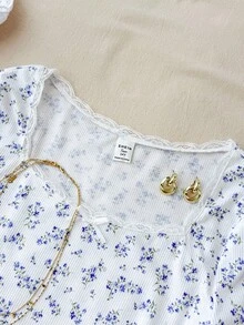Áo thun tay dài thắt nơ ren bó sát cho bé gái tuổi teen, thoải mái cho mùa thu/đông, tiệc tùng, dạo phố, trở lại trường Áo hoa cổ vuông Áo ren tay dài Áo dễ thương cho bé gái mùa thu - Nhiều màu - Xem 3