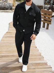 Manfinity CasualCool 男士纯色长袖单排扣工装口袋衬衫和多口袋长裤休闲套装，适合休闲度假、派对、用餐、居家、办公等场合，时尚百搭，是送给男友或丈夫的最佳礼物。男士针织套装，黑色两件套，男士衬衫套装，亚麻男士休闲西装，黑色度假装。 - 黑色 - 查看 1