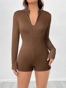 SHEIN PETITE Body de manga larga con cremallera y acanalado en color negro - Marrón - Ver 5