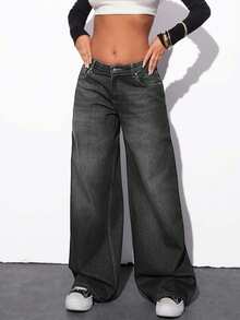 EURMUSE Low Waist Wash Detailed Wideleg Jean - Dark Grey - View 5