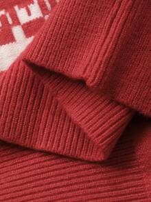 DAZY Contrast Color Jacquard Red Christmas Combination Long Sleeve Round Neck Casual Knit Sweater For Women,New Year - Red - View 9