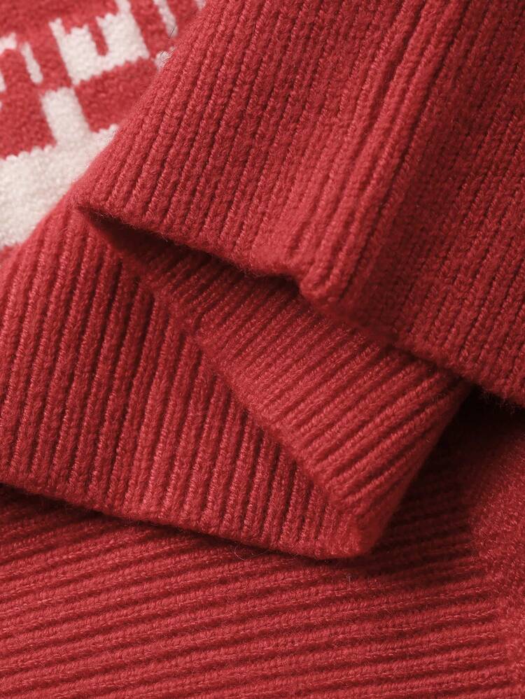 Contrast Color Jacquard Red Christmas Combination Long Sleeve Round Neck Casual Knit Sweater For Women,New Year