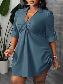Slaydiva 优雅休闲通勤派对约会性感修身纯色灰蓝色长袖褶皱扭结前侧抽绳腰迷你衬衫裙，适合大码女装，春秋季 - 水鴨藍 - 查看 1