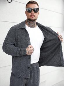 Manfinity Homme 男士休闲单排扣衬衫和裤子套装，适合日常通勤，秋季男士针织两件套，男士服装两件套灰色套装，Manfinity CasualCool 男士提花斜纹抓绒长袖工装衬衫和裤子两件套，适合秋冬季节。 - 深灰色 - 查看 3