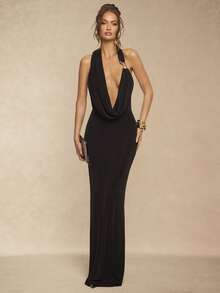 Silquee 女士纯色深V领性感吊带长款针织连衣裙 - 黑色 - 查看 3