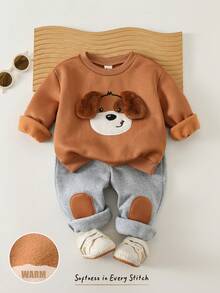 Cozy Pixies Bộ 2 áo nỉ chui đầu dệt kim họa tiết chó hoạt hình dày dặn thời trang thu đông cho bé trai kèm họa tiết tai 3D và quần nỉ cạp chun màu tương phản - Nhiều màu - Xem 1