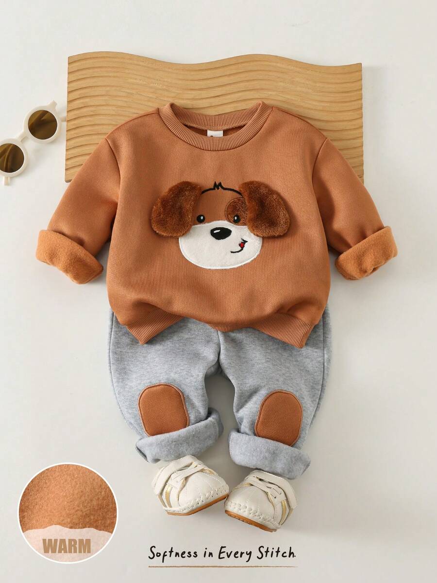 Cozy Pixies Bộ 2 áo nỉ chui đầu dệt kim họa tiết chó hoạt hình dày dặn thời trang thu đông cho bé trai kèm họa tiết tai 3D và quần nỉ cạp chun màu tương phản - Nhiều màu - Xem 1