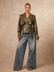 Lumalex VITNOS New Fall/Winter Women's Casual Everyday Commuter Solid Color Green Raglan Sleeve Lapel Neck Fashionable Double-Breasted Design Waist Cinched Long Sleeve Short Trench Coat, Suitable For Dates, Going Out, Night Out, Weddings, Holiday, Vacation, Birthday - Army Green - View 5