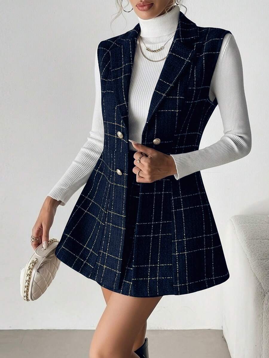 SHEIN Clasi 女士斜纹软呢背心+A字裙两件套,优雅通勤装 - 藏蓝色 - 查看 1