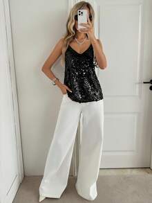 Easowa Sequin V-Neck Camisole, Casual Loose Elegant Commuter Vintage Style For Women, Autumn/Winter - Black - View 6