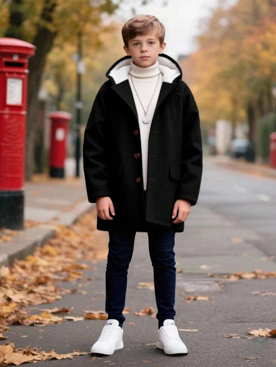 SHEIN 男童休闲日常舒适龙凤图案连帽加厚保暖中长外套