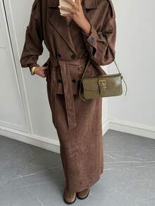 Livesso Women's Vintage Double-Breasted Jacket And Skirt 2 Pieces Set, Autumn Lounge Sets For Women - Coffee Brown - View 2