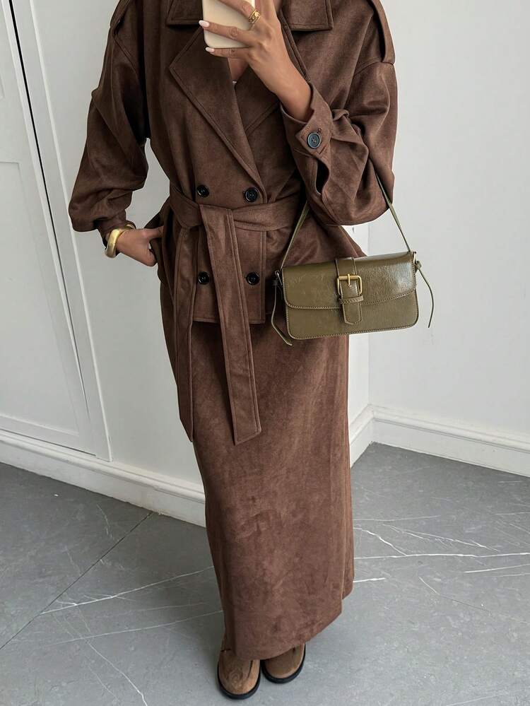 Women's Vintage Double-Breasted Jacket And Skirt 2 Pieces Set, Autumn