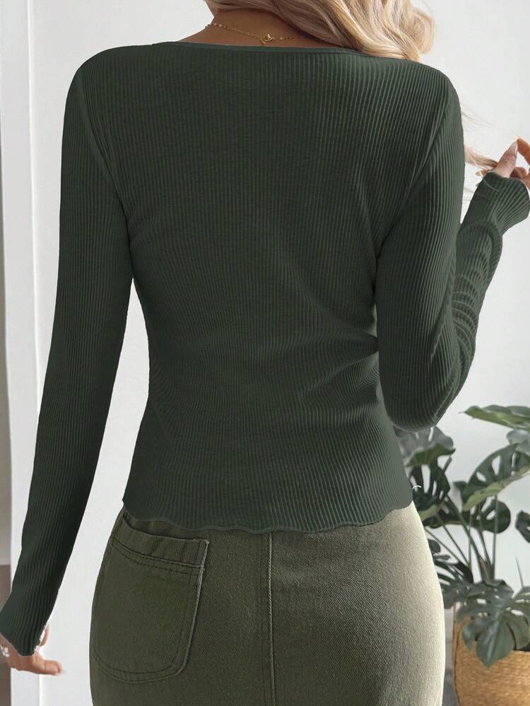 Women's Casual Everyday Commute Solid Color Ribbed Knit Button-Up Long Sleeve Fitted T-Shirt, Spring/Autumn