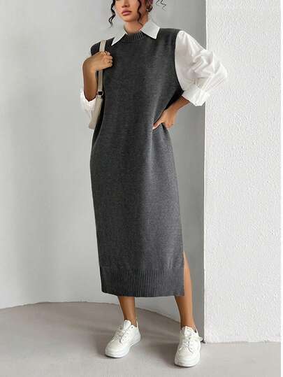 SHEIN Tall CURVE Plus Size Women Fashion Casual Sleeveless Knit Sweater Dress, Autumn/Winter