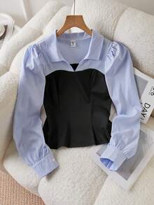 SHEIN Blusa a righe e patchwork per giovani donne, maniche a palloncino, polsini a maniche a lanterna, adatta per pendolarismo quotidiano, casual, vacanze in primavera e autunno
